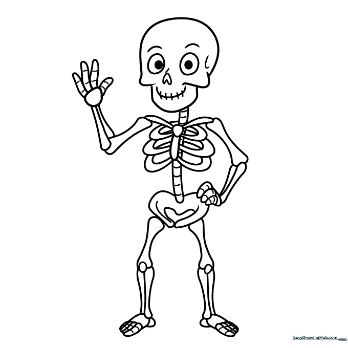 A friendly cartoon skeleton with a wide grin and large eye sockets, featuring thick outlines perfect for children to color with crayons or markers.
