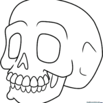 Black and white line art of a friendly cartoon skull with large, expressive eye sockets, ideal for children's coloring practice.