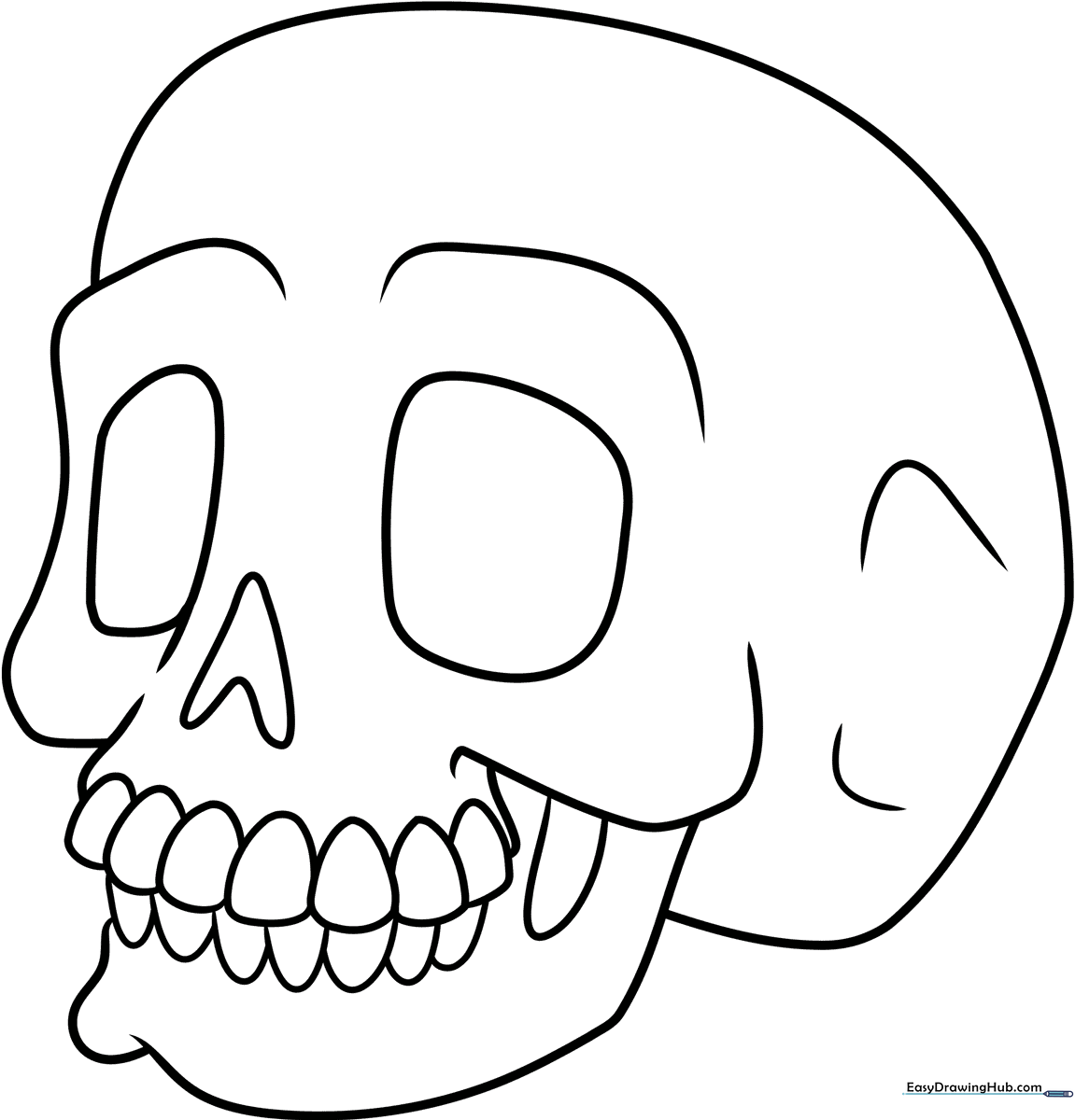 Black and white line art of a friendly cartoon skull with large, expressive eye sockets, ideal for children's coloring practice.