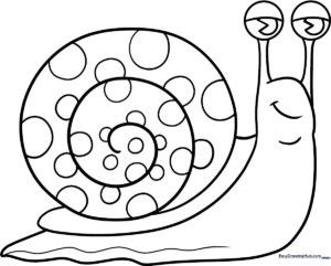 Black and white line art of a smiling cartoon snail with a large spiral shell, designed for children to color.