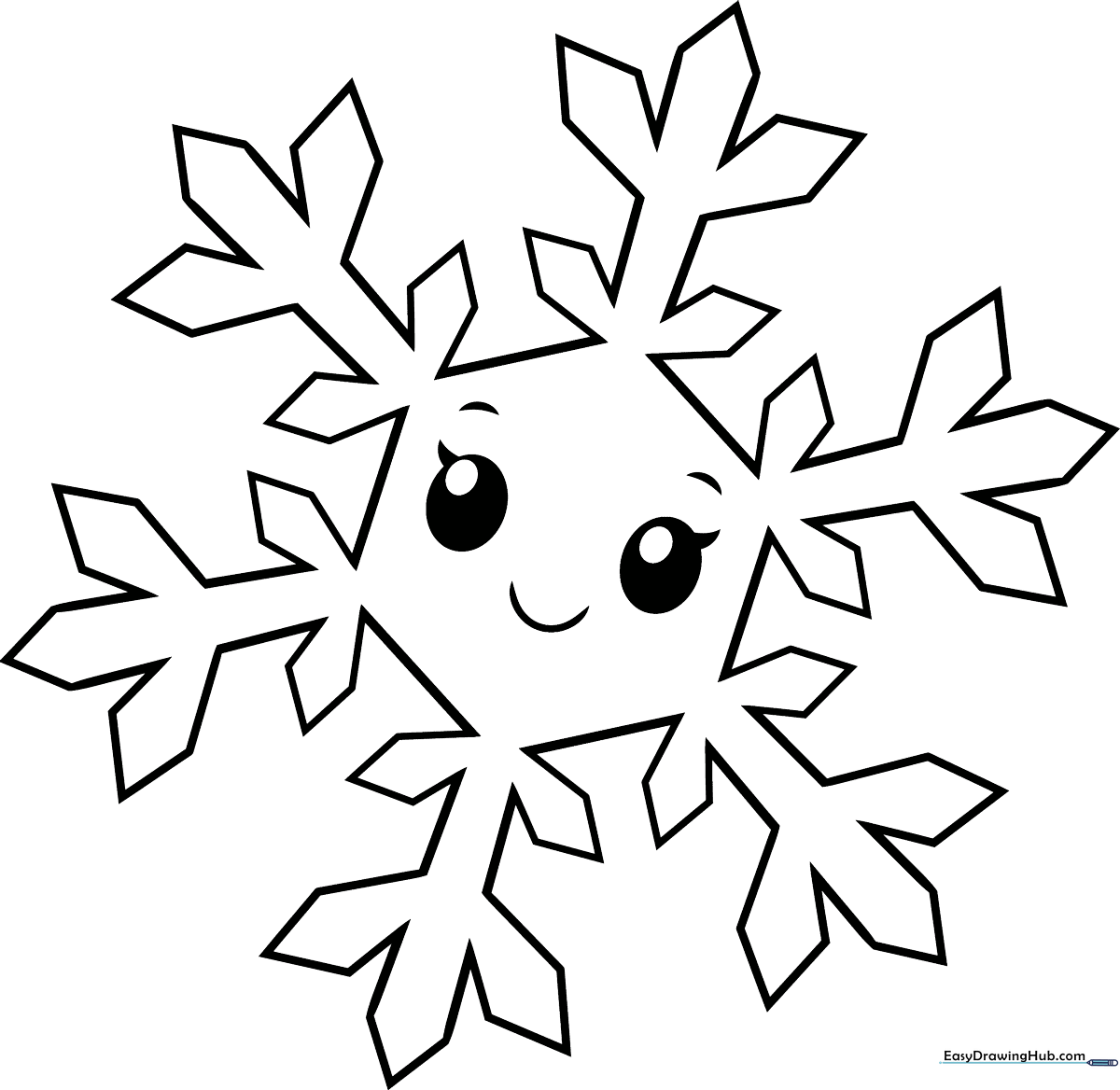 A friendly cartoon snowflake with a smiling face, featuring symmetrical crystalline arms ready for coloring.