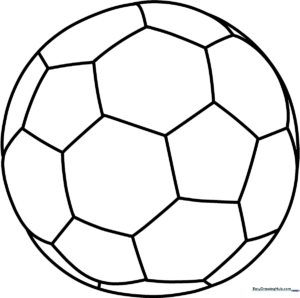 Black and white line art of a cartoon soccer ball with bold outlines, perfect for children to color with markers or crayons.