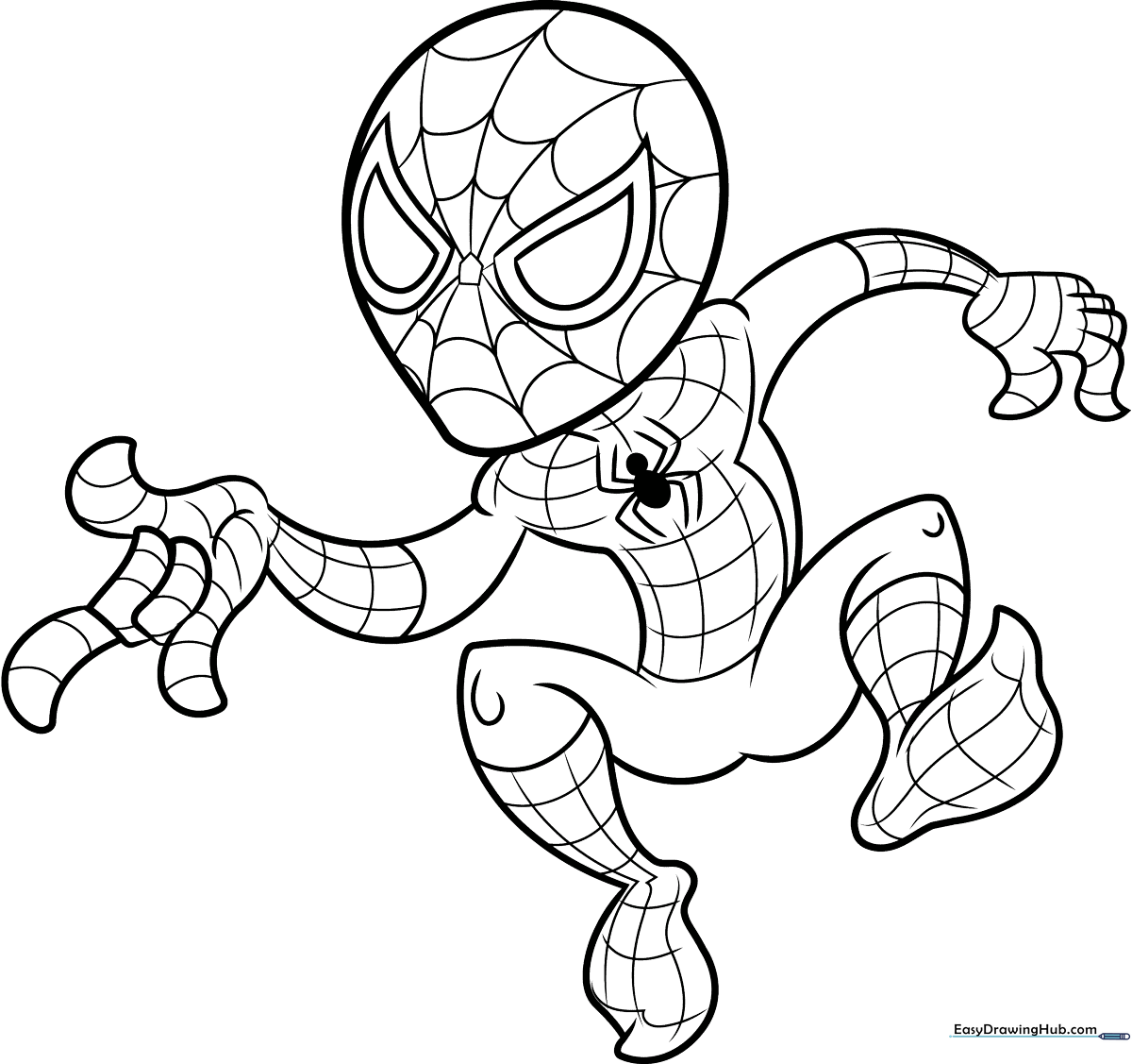Black and white line art of a cartoon Spider-Man in a dynamic pose, featuring clean outlines for easy coloring by children.