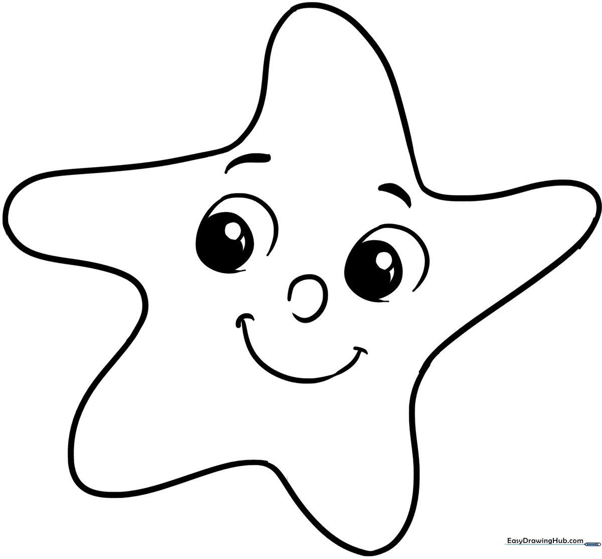 A friendly cartoon star with a smiling face and thick, easy-to-color outlines, perfect for young children practicing coloring skills.