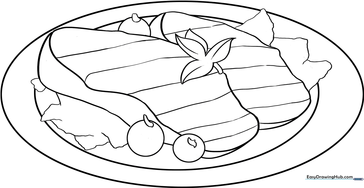 Black and white line art of a cartoon steak with a visible bone, ready for children to color with markers or crayons.