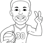 Black and white line art of a cartoon Steph Curry in a basketball jersey, ready for kids to color with crayons or markers.