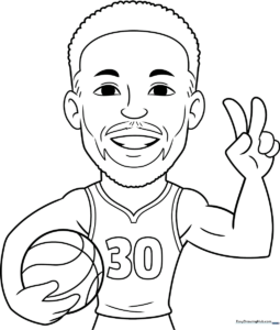 Black and white line art of a cartoon Steph Curry in a basketball jersey, ready for kids to color with crayons or markers.