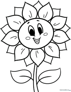 A friendly cartoon sunflower with a smiling face, large petals, and sturdy leaves, outlined in bold black lines for easy coloring.