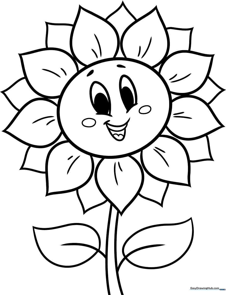 A friendly cartoon sunflower with a smiling face, large petals, and sturdy leaves, outlined in bold black lines for easy coloring.