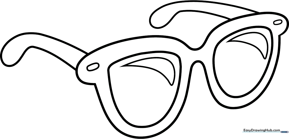 Black and white line art of cartoon sunglasses with thick outlines, designed for children to color with markers or crayons.