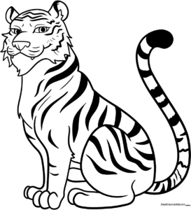A friendly cartoon tiger with bold outlines, ready for children to color with markers or crayons.