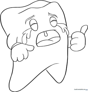 A friendly cartoon tooth character with a wide, happy smile and bold outlines, designed for children to color as a dental health educational activity.