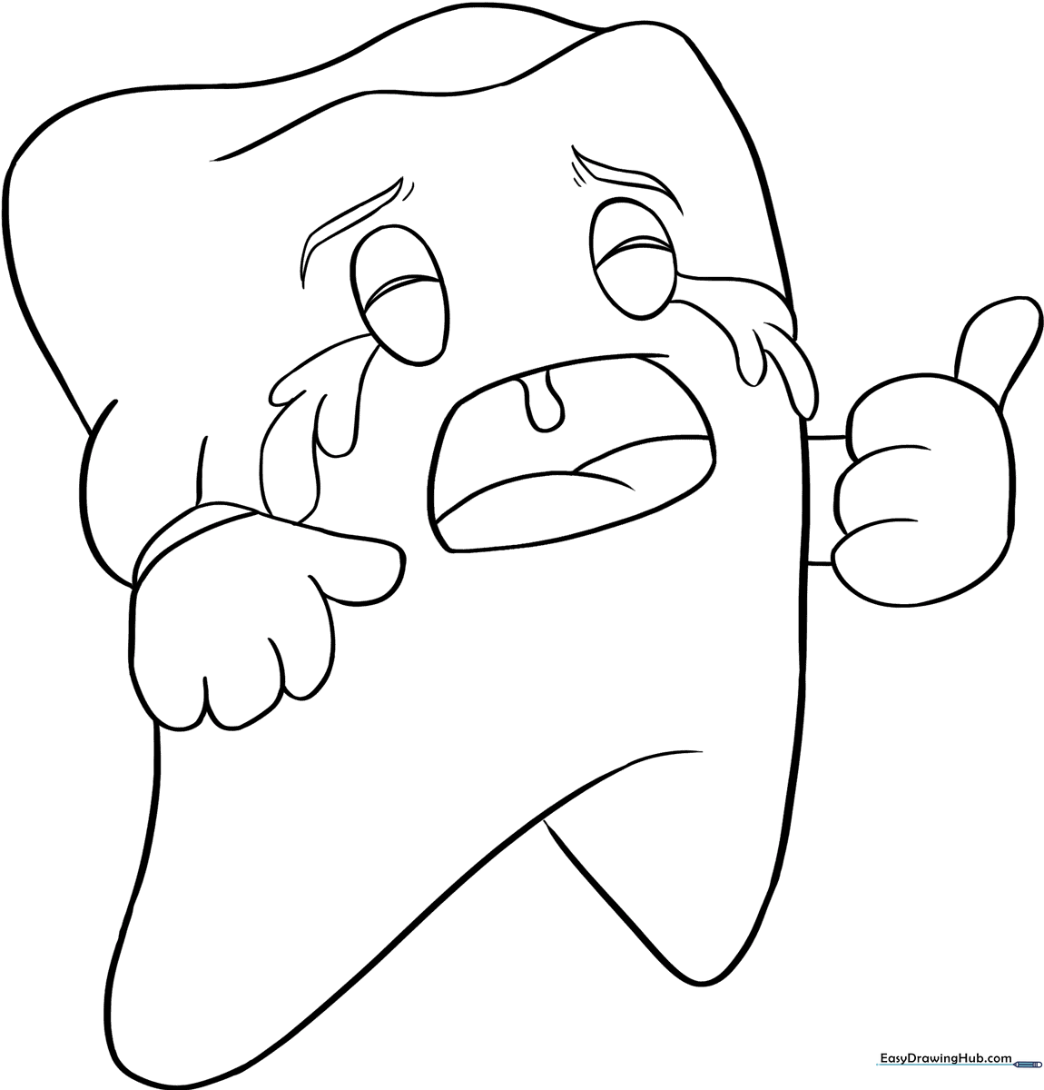A friendly cartoon tooth character with a wide, happy smile and bold outlines, designed for children to color as a dental health educational activity.