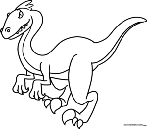 A friendly cartoon velociraptor with large eyes and a curved tail, outlined in bold black lines on a white background, ready for children to color.