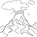Black and white line art of a cartoon volcano with lava erupting from the top, designed for children to color.