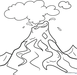 Black and white line art of a cartoon volcano with lava erupting from the top, designed for children to color.