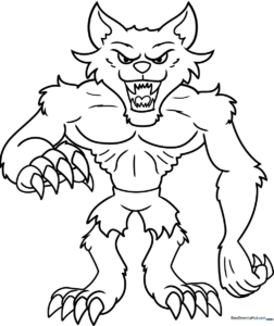 Black and white line art of a friendly cartoon werewolf standing, designed for children to color with crayons or markers.