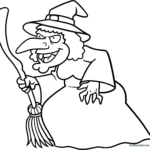 Black and white line art of a friendly cartoon witch wearing a tall pointed hat, ideal for children's coloring activities.