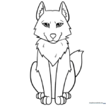 A friendly cartoon wolf with large expressive eyes and a bushy tail, outlined in thick black lines on a white background, ready for coloring.