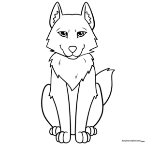 A friendly cartoon wolf with large expressive eyes and a bushy tail, outlined in thick black lines on a white background, ready for coloring.
