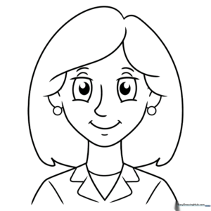 Black and white line art of a smiling cartoon woman with stylized hair, designed for children to color with markers or crayons.