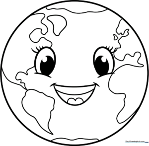 Black and white line art of a cartoon space scene featuring planets, stars, and a friendly rocket ship for children to color.