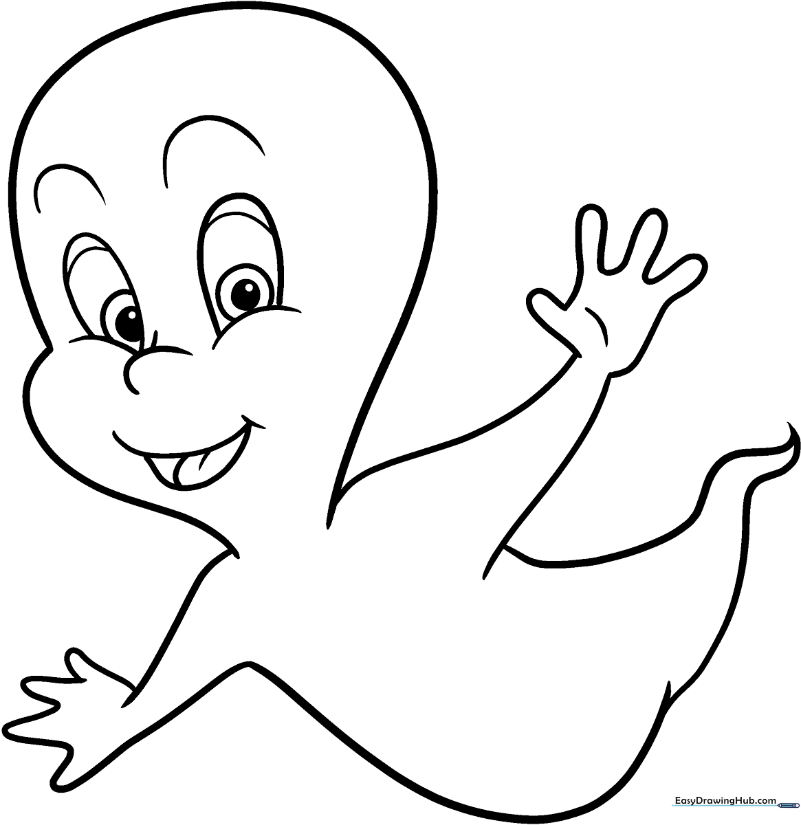 Black and white line art of Casper the Friendly Ghost waving, featuring clear outlines for easy coloring by children.