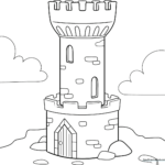 Black and white line art of a medieval castle tower with a flag on top, featuring clear outlines for easy coloring by children.