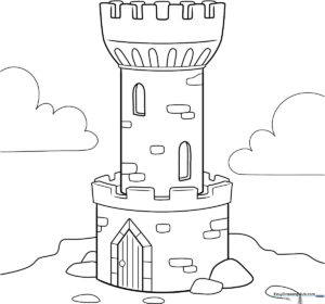 Black and white line art of a medieval castle tower with a flag on top, featuring clear outlines for easy coloring by children.