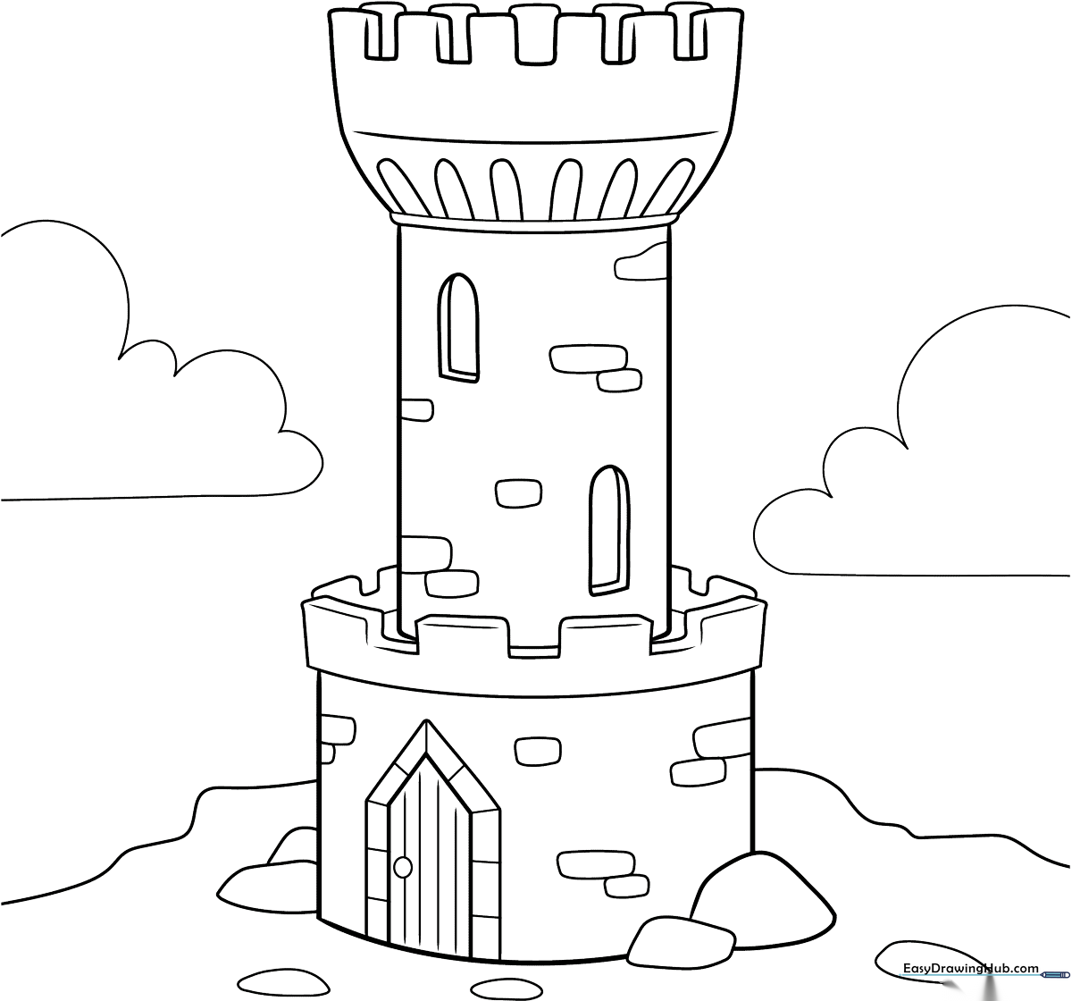 Black and white line art of a medieval castle tower with a flag on top, featuring clear outlines for easy coloring by children.