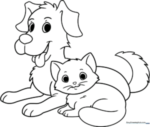 Black and white line art of a smiling cat and dog sitting side-by-side, featuring clear outlines for easy coloring by children.