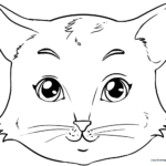 Black and white line art of a friendly cat face with large expressive eyes and whiskers, ready for children to color.