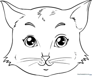 Black and white line art of a friendly cat face with large expressive eyes and whiskers, ready for children to color.