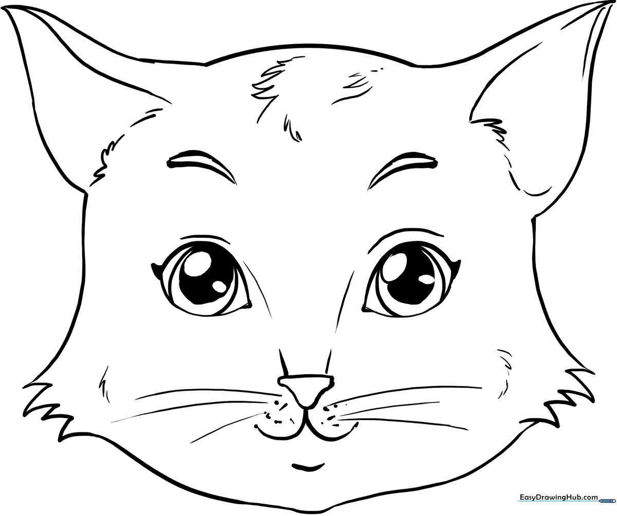 Black and white line art of a friendly cat face with large expressive eyes and whiskers, ready for children to color.