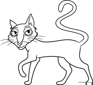 Black and white line art of the Coraline cat character with large expressive eyes, ready for coloring with crayons or markers.
