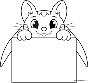 A friendly cartoon cat peeking out from inside a cardboard box with bold outlines, designed for children to color with markers or crayons.