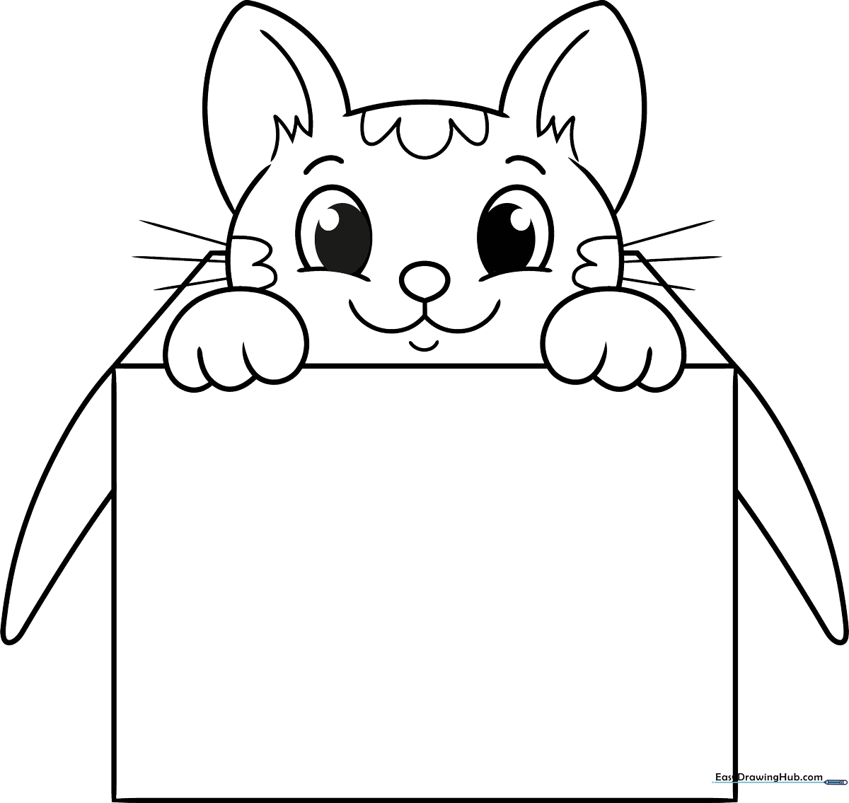 A friendly cartoon cat peeking out from inside a cardboard box with bold outlines, designed for children to color with markers or crayons.