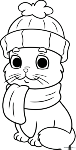 A black and white line art illustration of a cat wearing a sweater and scarf, ready for coloring with clear, bold outlines for young children.