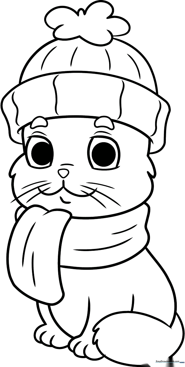 A black and white line art illustration of a cat wearing a sweater and scarf, ready for coloring with clear, bold outlines for young children.