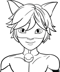 Detailed line art of Cat Noir in his superhero suit, featuring his mask, cat ears, and bell, ready for coloring.