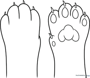 Black and white line art of a cat paw with distinct toe beans and fur texture, ready for coloring.