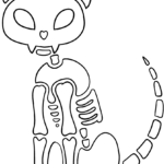 A clear, black-and-white line art illustration of a friendly cat skeleton standing in profile, designed for children to color.