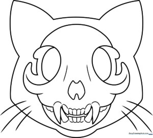 Black and white line art of a stylized cat skull with clear, bold outlines for easy coloring by children.