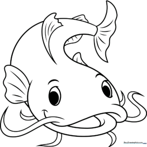 A clean, black-and-white line art drawing of a friendly catfish with long whiskers, ready for children to color with pencils or markers.
