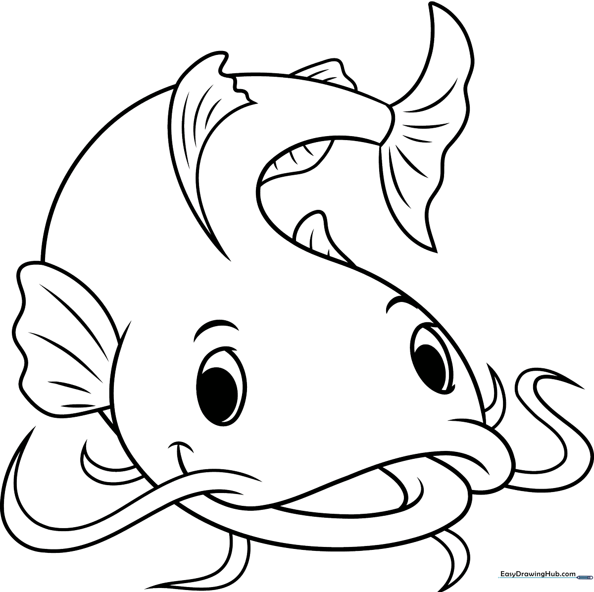 A clean, black-and-white line art drawing of a friendly catfish with long whiskers, ready for children to color with pencils or markers.