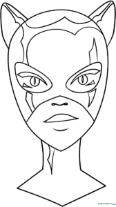Black and white line art of Catwoman in her signature suit, featuring clear outlines perfect for coloring with markers or crayons.