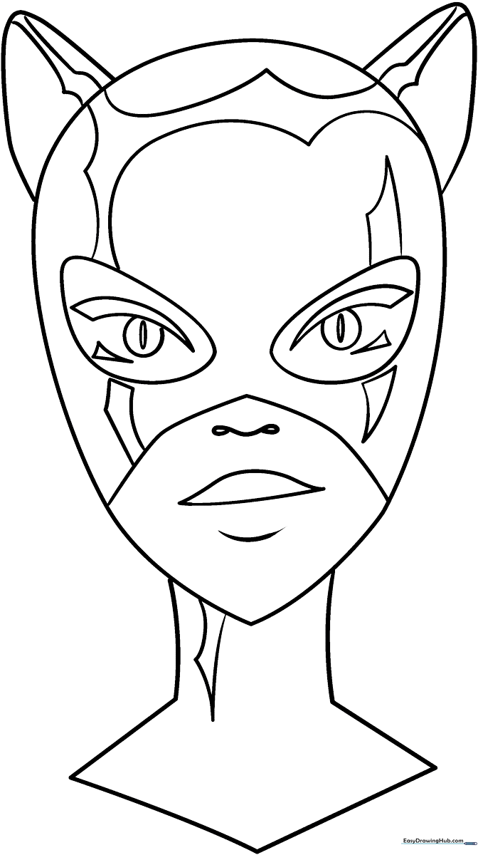 Black and white line art of Catwoman in her signature suit, featuring clear outlines perfect for coloring with markers or crayons.