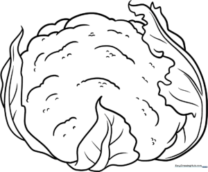 A clean, black-and-white line drawing of a cauliflower head with leafy stalks, designed for children to color as an educational art activity.