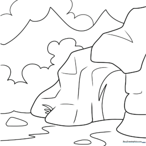 Black and white line art of a rocky cave entrance with jagged stone textures, ready for children to color.