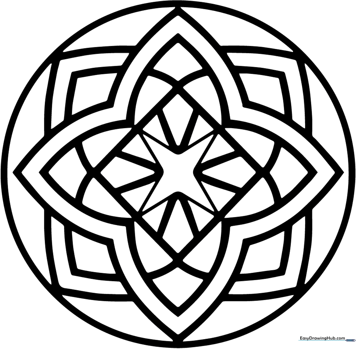 Intricate celestial mandala line art featuring stars, moons, and suns arranged in a symmetrical circular pattern for coloring.